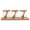 Premium transparent glass seasoning jar set with bamboo lids and matching wooden spoons - Rectangular Base Three-Piece Set