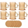 Set of 6 amber vertical ribbed glass mugs with pearl handles and matching cork coasters - Stripes (6-Piece Set + Coasters)
