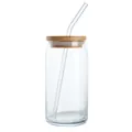 Clear glass can shaped water cup with bamboo lid and glass straw for cold drinks - Clear Cup (20oz) / With Bamboo Lid + Straw