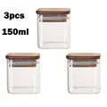 Set of 3 square glass storage jars with natural acacia wood lids, 150ml capacity - Square 6x6 / 3 Pieces Set (150ml)
