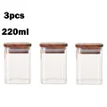 Set of 3 square glass jars with acacia wood lids, 220ml capacity for kitchen storage - Square 6x8 / 3 Pieces Set (220ml)