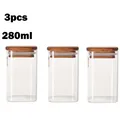 A set of three premium square glass storage jars with acacia wood lids, 280ml capacity - Square 6x10 / 3 Pieces Set (280ml)