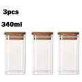 Set of 3 square glass airtight storage jars with acacia wood lids, 340ml each. - Square 6x12 / 3 Pieces Set (340ml)