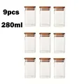 9pcs square glass storage jars with natural acacia wood lids, 280ml capacity set - Square 6x10 / 9 Pieces Set (280ml)
