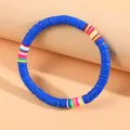 Detailed macro view of vibrant blue Bohemian rainbow polymer clay heishi bead bracelet - Color Blocking Soft Clay Bracelet (B239_1)