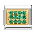 Close-up of green zircon pave detail on a dual-tone stainless steel modular charm link - Two-tone Green Zirconia (C0849)