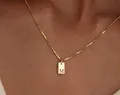 Elegant 18K gold plated stainless steel square pendant necklace engraved with initial M - Square Letter M / 45cm (40+5cm)
