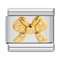Detailed macro view of a golden bow tie motif on a stainless steel Italian modular charm link. - Gold Diamond Surface Style (0761)