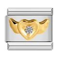 Detail view of Italian modular charm featuring a golden winged heart and sparkling stone - Gold Diamond Surface Style (0766)