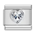Detailed view of stainless steel modular link featuring a heart-shaped faceted crystal - White Rhinestone (C1519) / Silver
