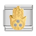 Macro detail of Italian charm link featuring gold Hamsa hand with three crystals - Gold Diamond Surface Style (0770)