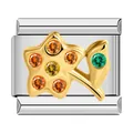 Macro view of a gold flower charm with sparkling cubic zirconia on a modular steel link - Gold Base Orange Yellow Flower