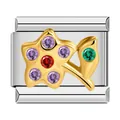 Detail macro view of stainless steel flower charm with colorful cubic zirconia stones - Gold Base Purple Red Flower