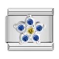 Close-up of stainless steel flower charm with blue and yellow cubic zirconia - Silver Base Dark Blue Flower
