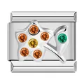 Close-up of stainless steel Italian charm module featuring multi-colored flower stones - Silver Base Orange Yellow Green Flower