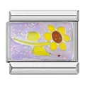 Detailed close-up of a sunflower enamel Italian modular bracelet link in stainless steel - Purple Glitter Yellow Flower Style (C1149)