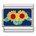Detail view of a sunflower pattern enamel Italian charm link for modular bracelets. - Dark Blue Glitter Sunflower Style (C1185)