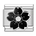 Modular Italian charm bracelet link featuring a black enamel flower on stainless steel. - Black Flower Style (C1152)