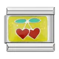 Link per charm italiano in acciaio inossidabile con ciliegie a cuore su fondo giallo - Ciliegia C0886
