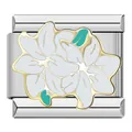 Italian charm bracelet link featuring a white flower with gold trim in stainless steel - Gold Bordered Turquoise Accent White Flower Style (C1191)