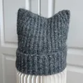 Macro detail of a dark grey knitted cat ear beanie showing soft mohair fluffy texture - M (56-58cm) / Dark Gray