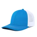 Detailed side view of two-tone blue and white mesh trucker hat with stitching - M (56-58cm) / Blue + White