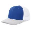 Side view detail of a stylish two-tone trucker mesh baseball cap with gray curved brim - M (56-58cm) / Blue + Light Gray + White