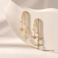 Elegant 18K gold plated asymmetric long chain earrings with zircon eight-pointed stars - Eight-Pointed Star Tassel Style (T1770) / Gold