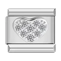 Stainless steel Italian charm link with clear pavé heart motif for modular bracelets - Silver Diamond Surface Style (1446)