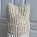 Detailed view of a beige knitted cat ear beanie showing fuzzy mohair wool texture. - M (56-58cm) / Off White