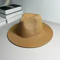 Classic Panama straw hat with a detailed woven texture and stylish fedora crown design - One Size Adjustable / Plain / Khaki