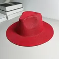 Detailed close-up showing the woven texture of a vibrant red straw Panama fedora hat. - One Size Adjustable / Plain / Red