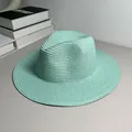 Detailed view of a mint green woven straw Panama hat with a wide brim for sun protection - One Size Adjustable / Plain / Light Lake Green