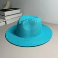 Vibrant turquoise woven Panama straw hat for beach sun protection and summer style - One Size Adjustable / Plain / Lake Blue