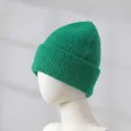 Soft green rabbit fur knit beanie for women, warm thickened winter hat detail view - Verdant
