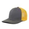 Side view of two-tone grey and yellow trucker mesh baseball cap with yellow stitching - M (56-58cm) / Dark Gray + Yellow