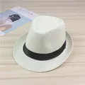 Detail showing the texture of a white woven straw fedora with black ribbon band. - Creamy White (Satin Ribbon)