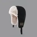 Winter black trapper hat with thick beige faux fur lining and adjustable chin strap - One Size(55-60cm) / Black (Style 6120)