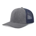 Detailed side view of a stylish two-tone grey and navy blue mesh trucker baseball cap - M (56-58cm) / Dark Heather Gray + Navy Blue