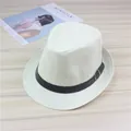 Detailed view of a stylish white straw fedora hat featuring a black belt buckle band. - Creamy White (Leather Belt)