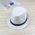 Detailed macro view of the white woven straw fedora hat with black ribbon buckle. - White (Belt)