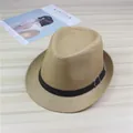 Close-up of a classic tan straw fedora hat with a black belt buckle band. - Khaki (Belt)