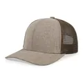 Side view of a brown mesh trucker hat with a light tan heathered fabric front and brim - M (56-58cm) / Khaki