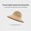 Elegant foldable raffia straw sun hat for women with white daisy flower embroidery - Five Small Flowers Embroidery / Adjustable / Straw Color-Daisy