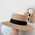 Natural straw beach hat with elegant black ribbon, women's flat top sun protection - One Size / Light Brown with Black Ribbon