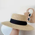 Elegant straw boater hat for women with a wide black ribbon band for summer beach sun protection - One Size / Beige with Black Ribbon (Boater)