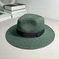 Stylish dark green straw fedora hat with black ribbon, perfect for summer beach sunshade - One Size Adjustable / Ribbon Style (Detachable) / Dark Green