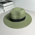 Detailed view of a woven green straw Panama fedora hat with a black ribbon band - One Size Adjustable / Ribbon Style (Detachable) / Army Green