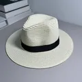 Detailed view of the woven straw texture and black ribbon on a classic Panama sun hat - One Size Adjustable / Ribbon Style (Detachable) / Milky White