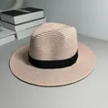Detailed view of the woven straw texture on a classic beige Panama hat with black band - One Size Adjustable / Ribbon Style (Detachable Ribbon) / Light Pink
